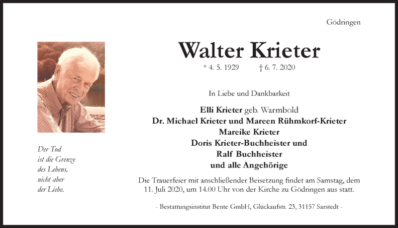  Traueranzeige für Walter Krieter vom 08.07.2020 aus Hildesheimer Allgemeine Zeitung