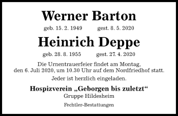 Traueranzeige von Werner Barton von Hildesheimer Allgemeine Zeitung