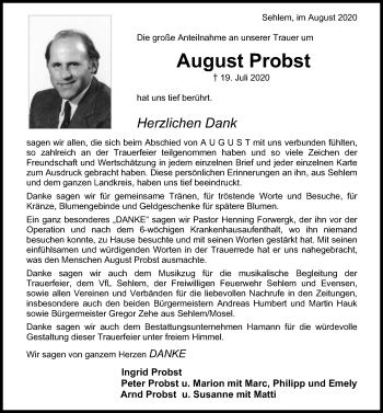 Traueranzeige von August Probst von Hildesheimer Allgemeine Zeitung