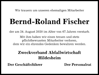 Traueranzeige von Bernd-Roland Fischer von Hildesheimer Allgemeine Zeitung