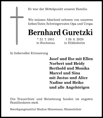 Traueranzeige von Bernhard Guretzki von Hildesheimer Allgemeine Zeitung