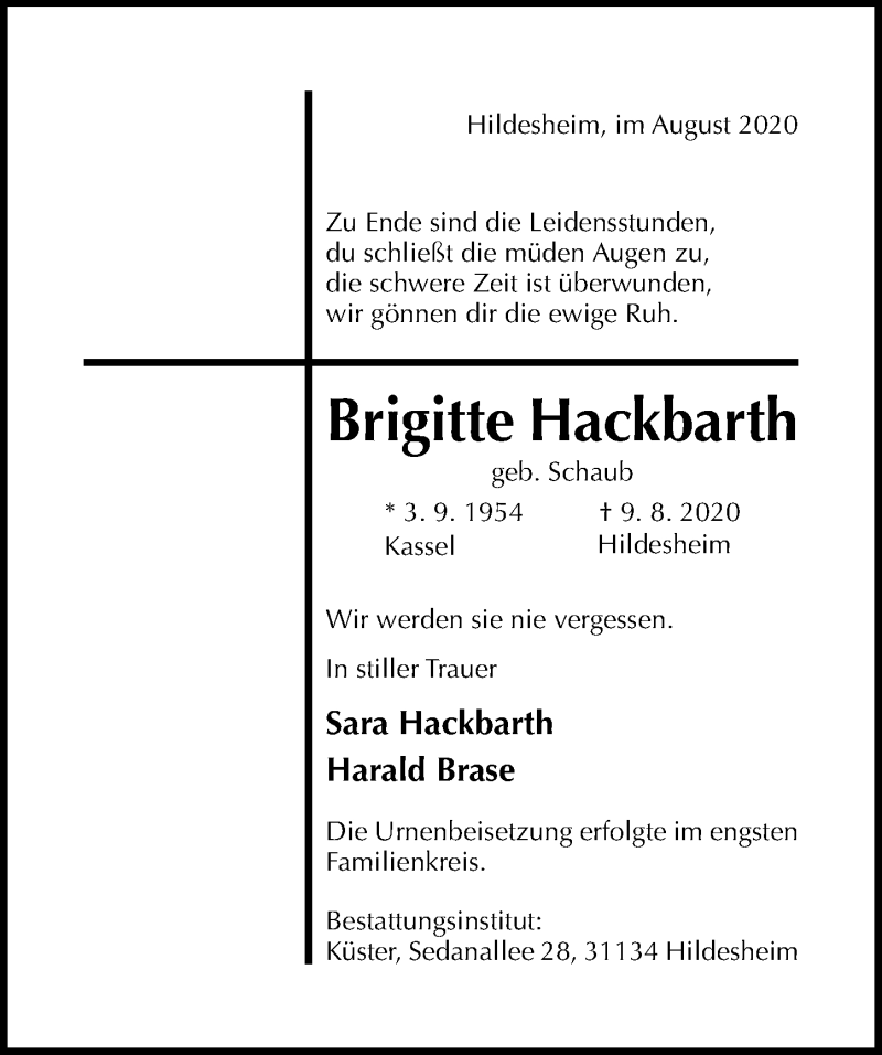  Traueranzeige für Brigitte Hackbarth vom 21.08.2020 aus Hildesheimer Allgemeine Zeitung