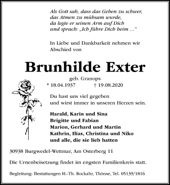 Traueranzeige von Brunhilde Exter von Hildesheimer Allgemeine Zeitung