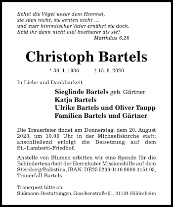 Traueranzeige von Christoph Bartels von Hildesheimer Allgemeine Zeitung