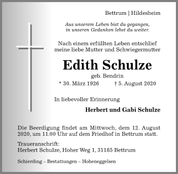 Traueranzeige von Edith Schulze von Hildesheimer Allgemeine Zeitung