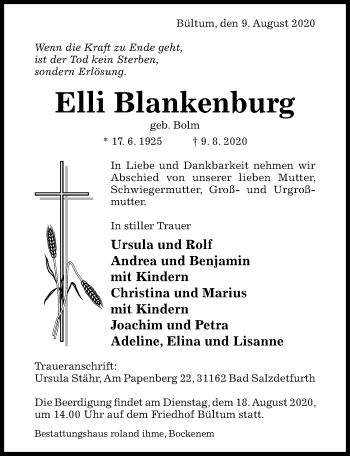 Traueranzeige von Elli Blankenburg von Hildesheimer Allgemeine Zeitung