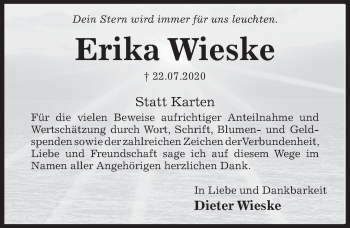 Traueranzeige von Erika Wieske von Hildesheimer Allgemeine Zeitung