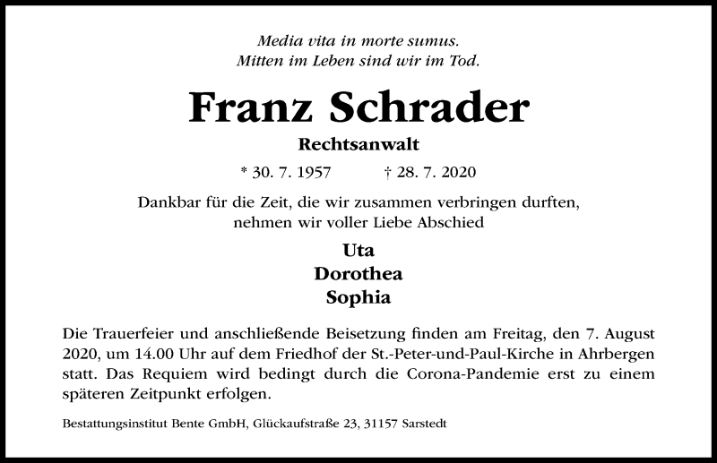  Traueranzeige für Franz Schrader vom 01.08.2020 aus Hildesheimer Allgemeine Zeitung