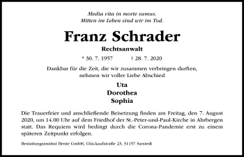 Traueranzeige von Franz Schrader von Hildesheimer Allgemeine Zeitung