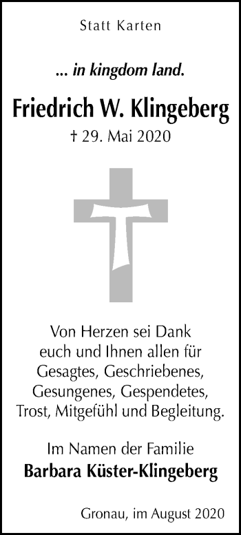 Traueranzeige von Friedrich W. Klingeberg von Hildesheimer Allgemeine Zeitung