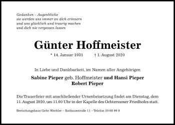 Traueranzeige von Günter Hoffmeister von Hildesheimer Allgemeine Zeitung