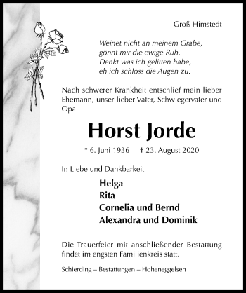 Traueranzeige von Horst Jorde von Hildesheimer Allgemeine Zeitung