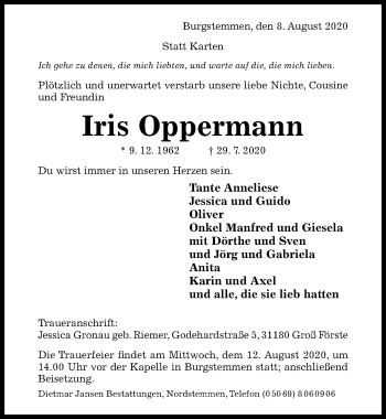 Traueranzeige von Iris Oppermann von Hildesheimer Allgemeine Zeitung