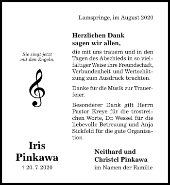 Traueranzeige von Iris Pinkawa von Hildesheimer Allgemeine Zeitung