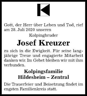 Traueranzeige von Josef Kreuzer von Hildesheimer Allgemeine Zeitung