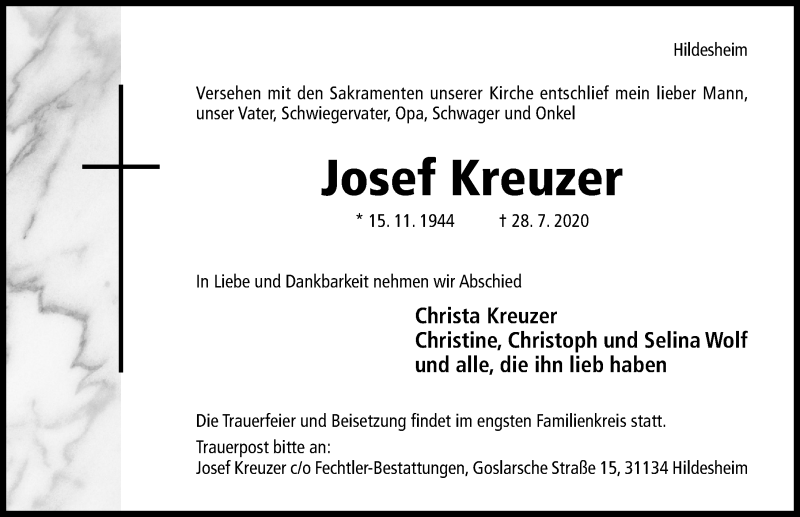  Traueranzeige für Josef Kreuzer vom 01.08.2020 aus Hildesheimer Allgemeine Zeitung