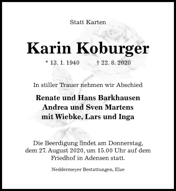 Traueranzeige von Karin Koburger von Hildesheimer Allgemeine Zeitung