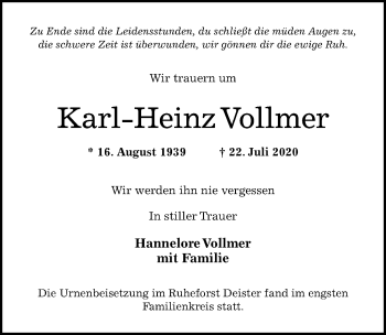 Traueranzeige von Karl-Heinz Vollmer von Hildesheimer Allgemeine Zeitung