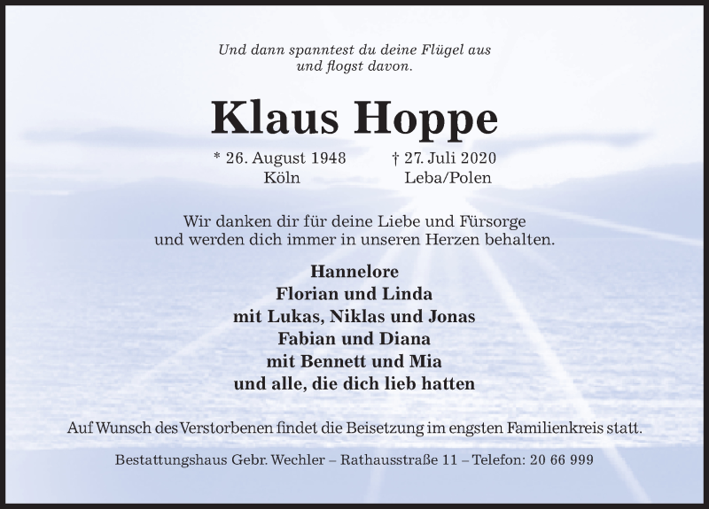  Traueranzeige für Klaus Hoppe vom 01.08.2020 aus Hildesheimer Allgemeine Zeitung