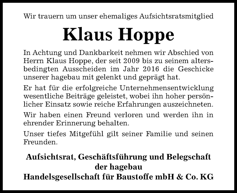  Traueranzeige für Klaus Hoppe vom 03.08.2020 aus Hildesheimer Allgemeine Zeitung