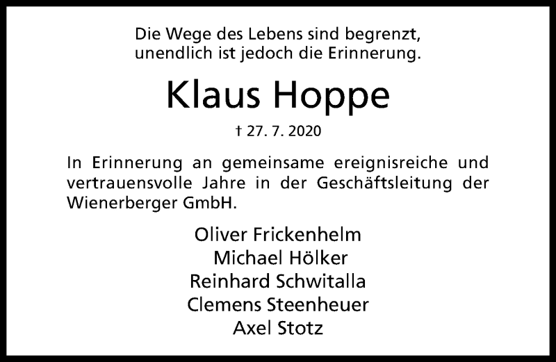  Traueranzeige für Klaus Hoppe vom 01.08.2020 aus Hildesheimer Allgemeine Zeitung
