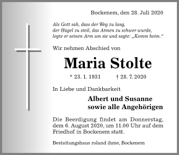 Traueranzeige von Maria Stolte von Hildesheimer Allgemeine Zeitung