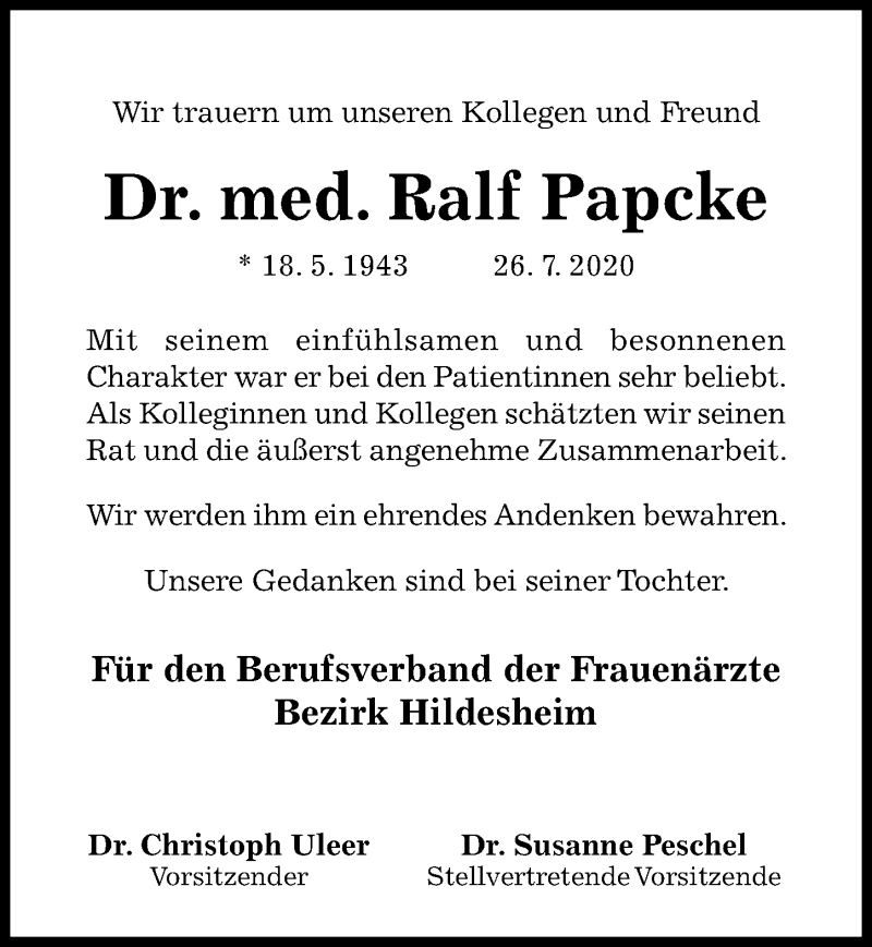  Traueranzeige für Ralf Papcke vom 01.08.2020 aus Hildesheimer Allgemeine Zeitung