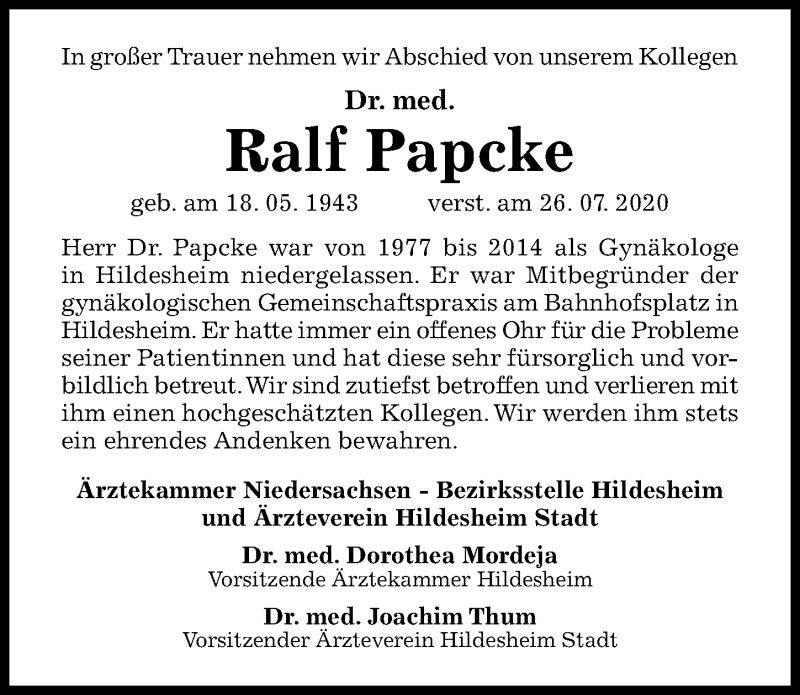  Traueranzeige für Ralf Papcke vom 08.08.2020 aus Hildesheimer Allgemeine Zeitung