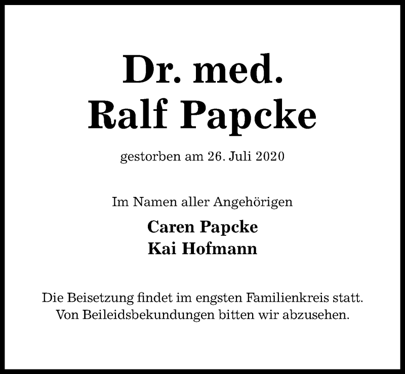  Traueranzeige für Ralf Papcke vom 01.08.2020 aus Hildesheimer Allgemeine Zeitung