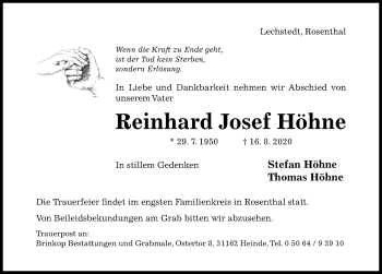 Traueranzeige von Reinhard Josef Höhne von Hildesheimer Allgemeine Zeitung