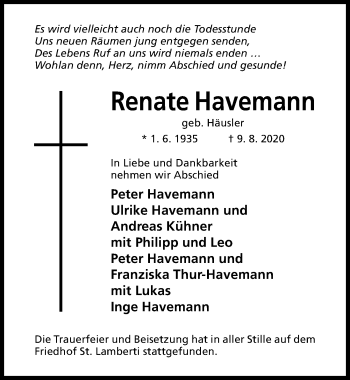 Traueranzeige von Renate Havemann von Hildesheimer Allgemeine Zeitung