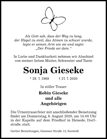 Traueranzeige von Sonja Gieseke von Hildesheimer Allgemeine Zeitung