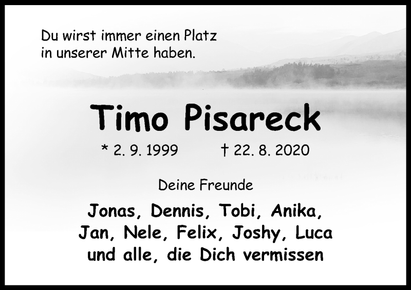  Traueranzeige für Timo Pisareck vom 26.08.2020 aus Hildesheimer Allgemeine Zeitung