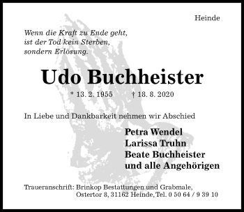 Traueranzeige von Udo Buchheister von Hildesheimer Allgemeine Zeitung