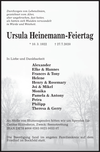 Traueranzeige von Ursula Heinemann-Feiertag von Hildesheimer Allgemeine Zeitung