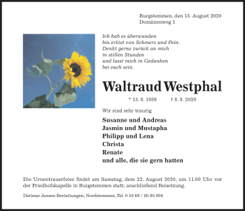 Traueranzeige von Waltraud Westpha von Hildesheimer Allgemeine Zeitung