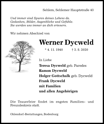 Traueranzeige von Werner Dycweld von Hildesheimer Allgemeine Zeitung