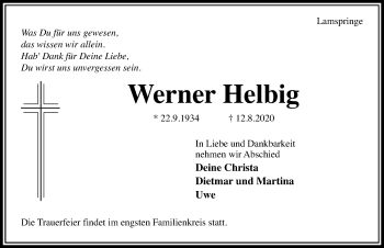 Traueranzeige von Werner Helbig von Hildesheimer Allgemeine Zeitung