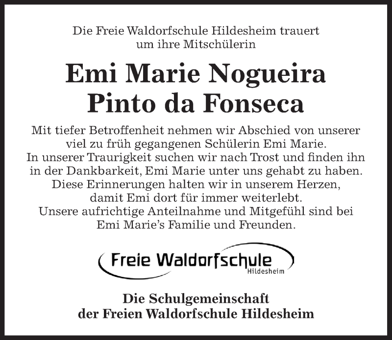  Traueranzeige für Emi Marie Nogueira Pinto da Fonseca vom 01.08.2020 aus Hildesheimer Allgemeine Zeitung