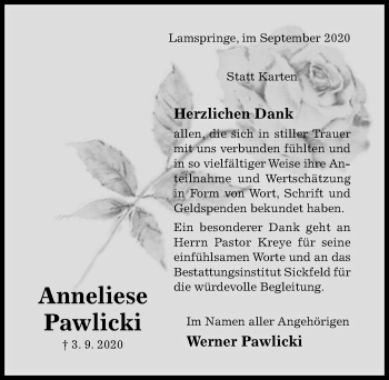 Traueranzeige von Anneliese Pawlicki von Hildesheimer Allgemeine Zeitung