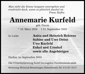 Traueranzeige von Annemarie Kurfeld von Hildesheimer Allgemeine Zeitung