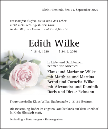 Traueranzeige von Edith Wilke von Hildesheimer Allgemeine Zeitung