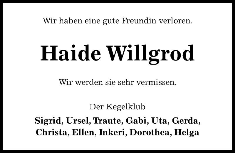  Traueranzeige für Haide Willgrod vom 16.09.2020 aus Hildesheimer Allgemeine Zeitung