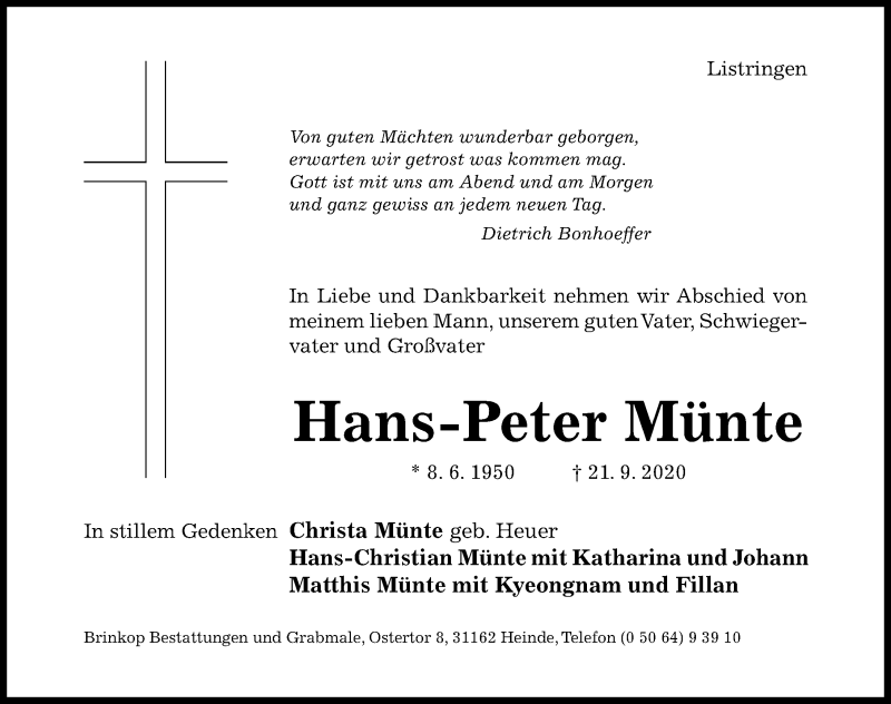  Traueranzeige für Hans-Peter Münte vom 24.09.2020 aus Hildesheimer Allgemeine Zeitung