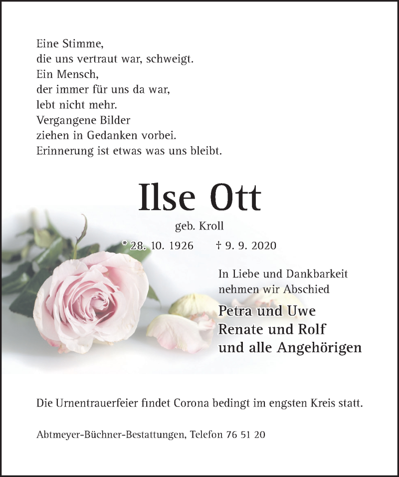  Traueranzeige für Ilse Ott vom 12.09.2020 aus Hildesheimer Allgemeine Zeitung