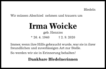 Traueranzeige von Irma Woicke von Hildesheimer Allgemeine Zeitung