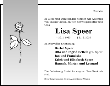 Traueranzeige von Lisa Speer von Hildesheimer Allgemeine Zeitung