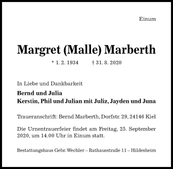 Traueranzeige von Margret Marberth von Hildesheimer Allgemeine Zeitung