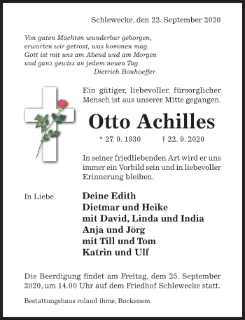 Traueranzeige von Otto Achilles von Hildesheimer Allgemeine Zeitung