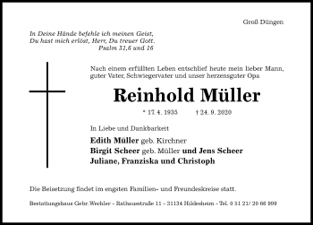 Traueranzeige von Reinhold Müller von Hildesheimer Allgemeine Zeitung